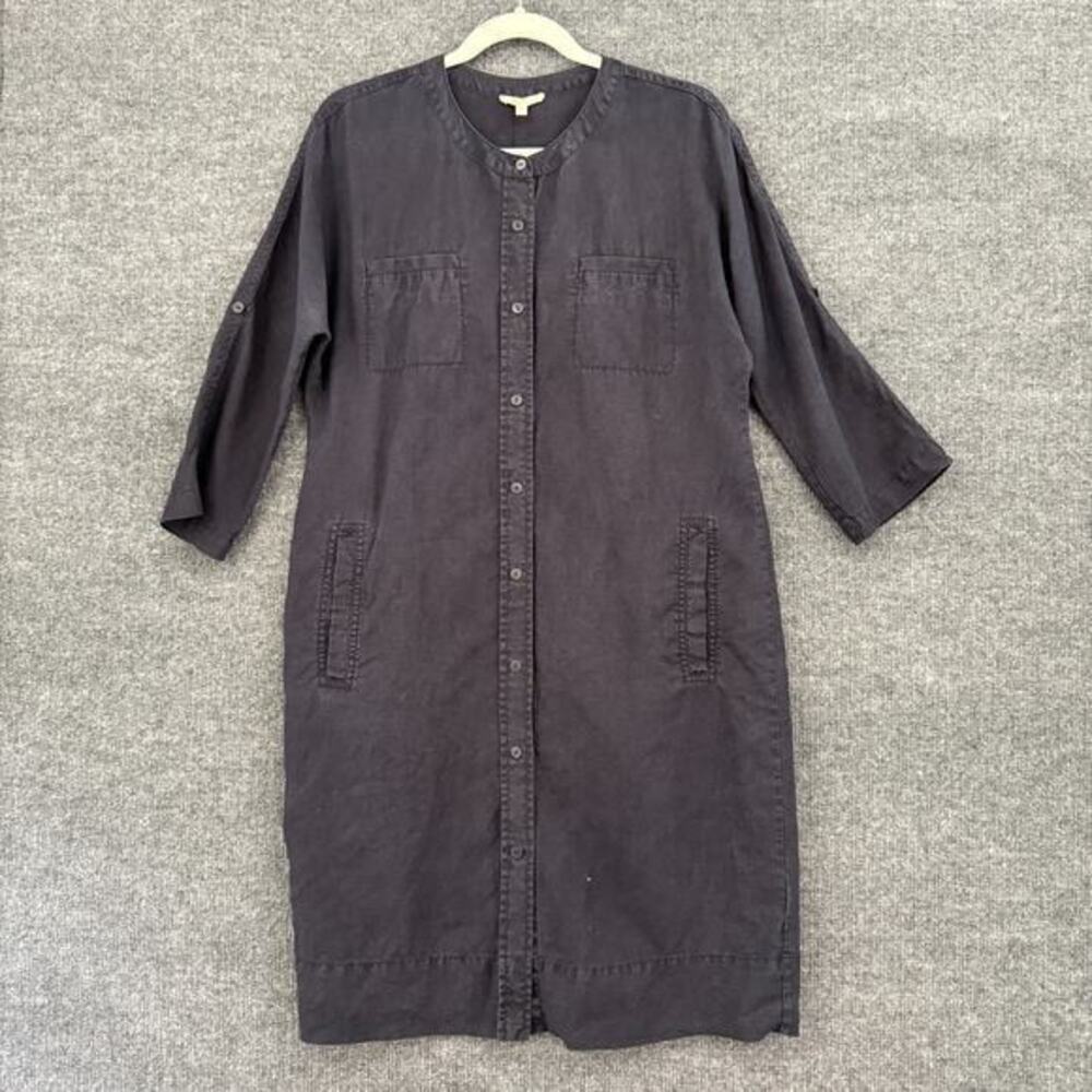 Eileen Fisher Organic Linen Shift Dress Womens Small Navy Button Front Minimal